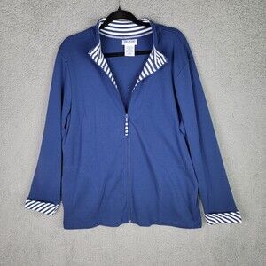 Blair Women's Jacket Sz L Blue Full Zip Pockets White Stripe Contrast